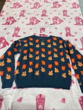 Navy Sweater with Orange & Yellow Maple Leaf Pattern